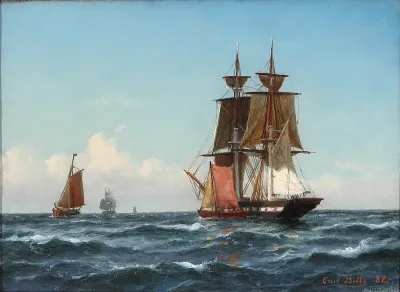 Seascape with ships on the sea.