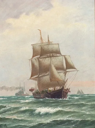Seascape with steam and sailing ships.