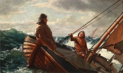 Seascape with two fishermen in a boat in big waves