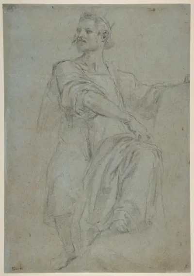 Seated Crowned Male Figure Holding a Book or Scroll (recto); Seated Nude Boy (verso)