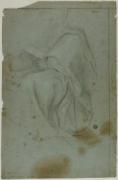 Seated Draped Male Figure with Book (recto); Two Seated Women with Sketch of Left Hand (verso)