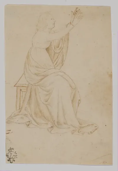 Seated Female Figure with Upraised Arms, Facing Right