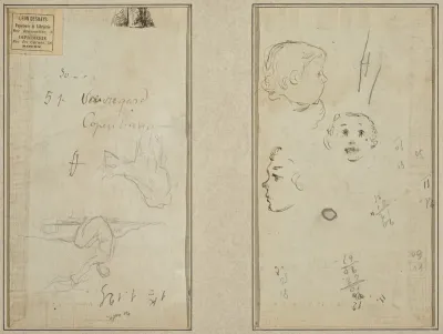 Seated Figure and a Cow; Three Studies of a Child's Head
