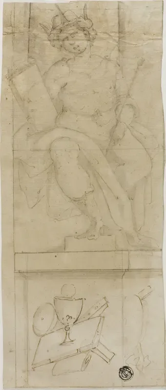 Seated Figure with Crown, Holding Sceptre and Book, with Host Below