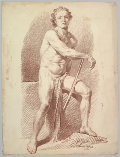 Seated Male Nude Resting on a Stick