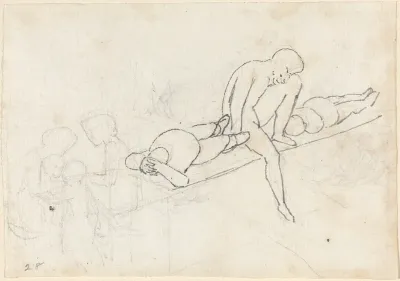 Seated Man Flanked by Two Reclining Figures; Huddle of Figures in Lower Left Corner