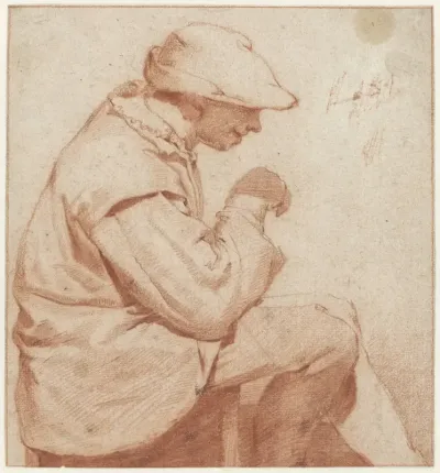 Seated Man with a Soft Cap, in Profile to the Right, with his Right Hand Raised