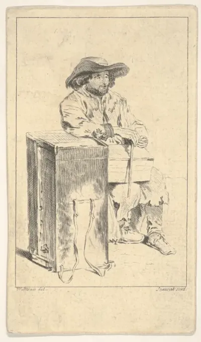 Seated man with box in his lap, he rests his right elbow on a taller box