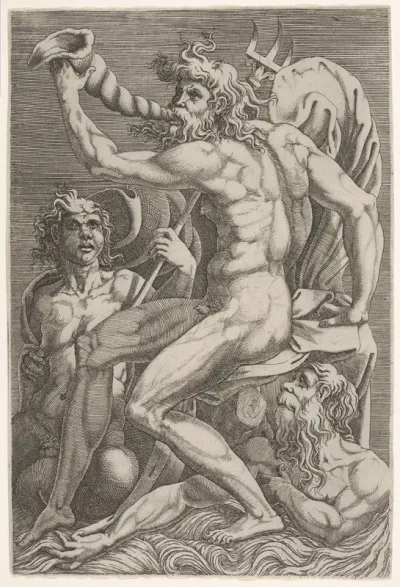Seated Neptune holding a conch shell to his mouth, accompanied by a seated triton and another emerging from the water at bottom right