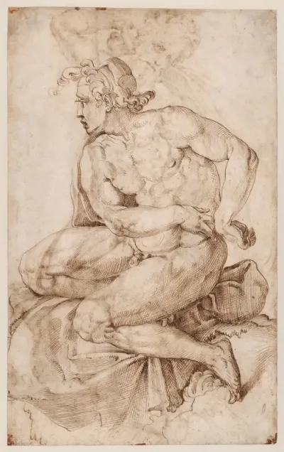 Seated Nude Youth, facing left (recto); Bearded Nude Male Figure in a Half-Kneeling Pose, Holding Drapery Behind his Back (verso)
