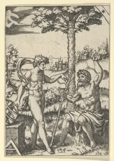 Seated old shepherd gesturing towards the sky and speaking to nude male surrounded by tools of measurement