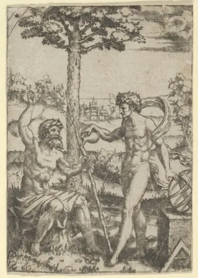 Seated old shepherd gesturing towards the sky and speaking to nude male surrounded by tools of measurement