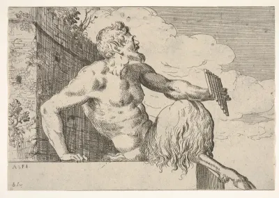 Seated Pan holding a pipe in his left hand
