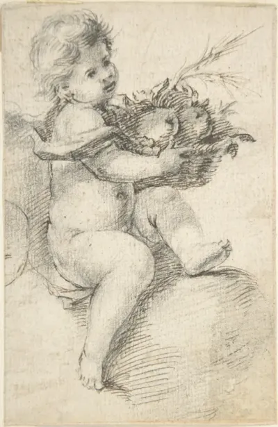 Seated Putto Holding a Basket of Fruit