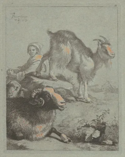 Seated Shepherdess, a Ram, a Sheep and a Goat