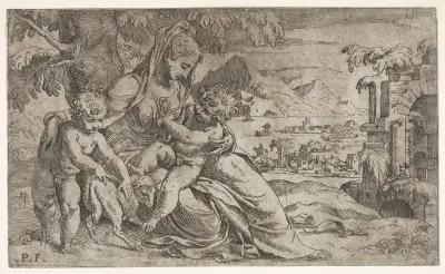 Seated Virgin and Child with Saint John the Baptist and a lamb on a hillside