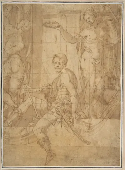 Seated Warrior Between Two Figures