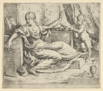 Seated woman holding a tablet and compass (allegory of learning), a winged putto at right