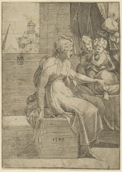 Seated woman with two children (Virgin with Christ and St John the Baptist?)