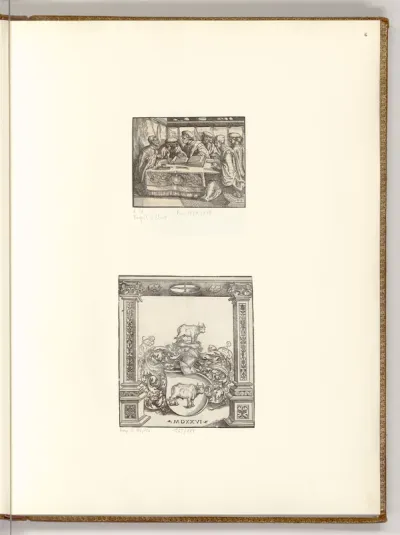Sechs Gelehrte, um einen Tisch sitzend; Das Wappen der Familie Rehm