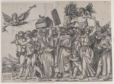 Section A: an angel holding a cross at upper left, Adam and Eve below, from "The Triumph of Christ"