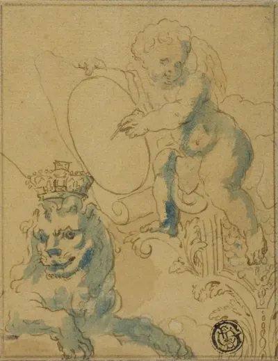 Section of Ceiling Decoration with Cupid with Scroll and Lion with Crown