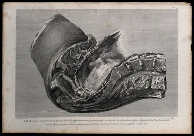 Section through the pelvis of a pregnant woman, showing the spine and part of the uterus: side view