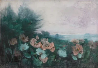 Seenlandschaft mit Mohnblumen