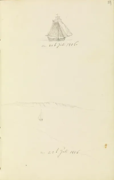 Segelschiff und Blick vom rügischen Hochufer auf die Nordküste Hiddensee