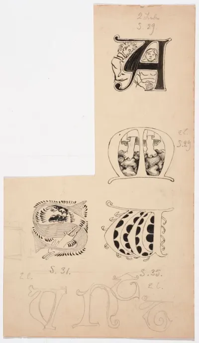 Seitsemän veljeksen kuvitusta, painos 1908, 8 alkukirjainluonnosta 2.lukuun