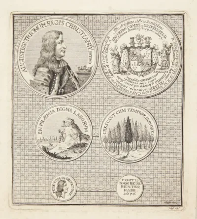 Seks medaljoner med forskellige motiver, to af dem med portrætter af Peder Griffenfeld