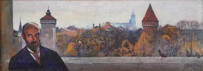 Self-portrait against the view of Kraków