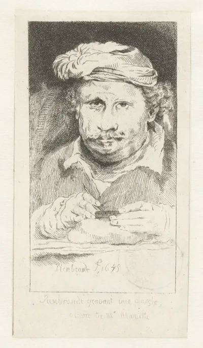Self-portrait, drawing on an etching-plate