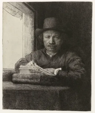 Self-portrait, Etching at a Window