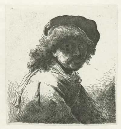 Self-portrait in a cap and scarf with the face dark: bust