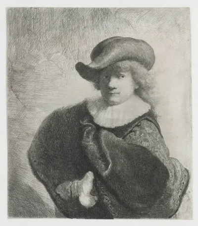 Self-portrait in a soft hat and a patterned cloak