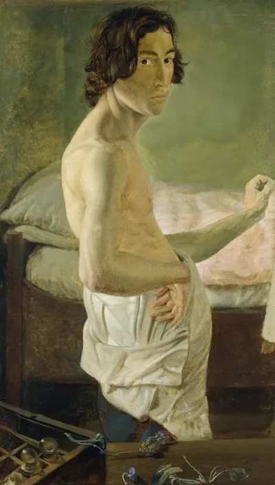 Self-portrait in front of an easel