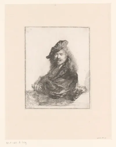 Self-portrait leaning on a stone sill