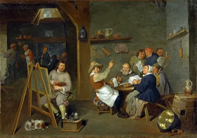Self-portrait of an artist among a merry, drinking company of peasants in a tavern