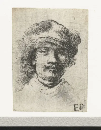 Self-portrait wearing a soft cap: full face, head only