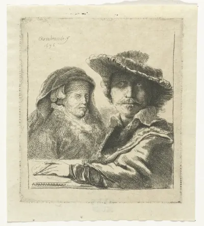 Self-portrait with Saskia and the artist's mother seated at a table, looking right: three quarter length