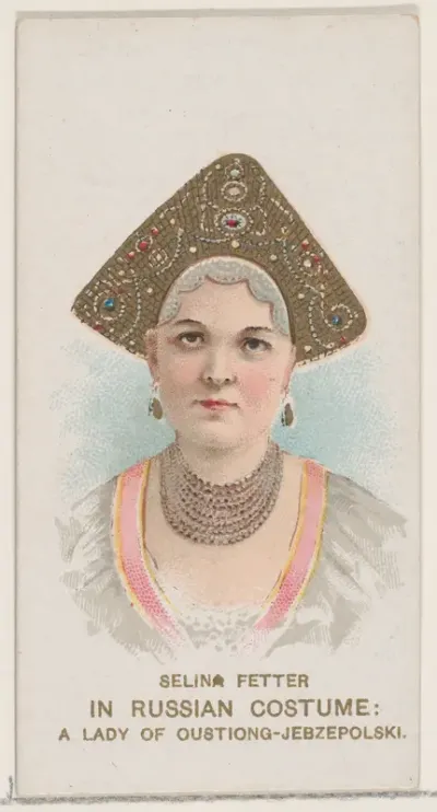 Selina Fetter in Russian Costume of a Lady of Oustiong-Jebzepolski, from the set Actors and Actresses, First Series (N70) for Duke brand cigarettes