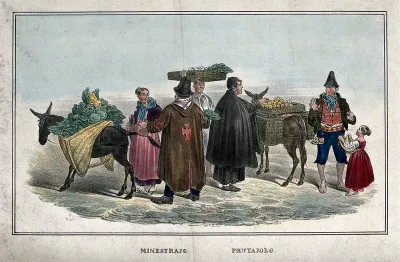 Sellers of vegetables and fruit in Italy, with some of their customers