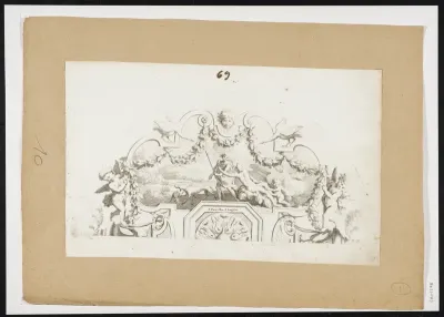 Semicircular panel with mythical scene, putti, swans, garlands and scrollwork