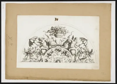 Semicircular panel with putti, lions, birds, masks and flowers
