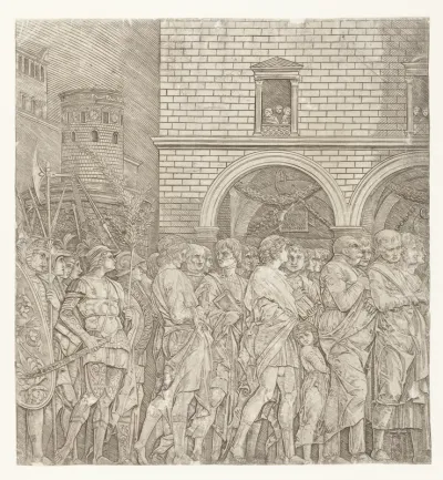 Senatoren in triomftocht van Julius Caesar