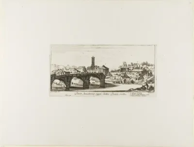 Senatorial Bridge, Today called the Ponte Rotto [Broken Bridge]. 1. Temple of Vesta. 2. Temple of Fortuna Virilis. 3. Part of the ancient Palatine, plate 14 from Some Views of Triumphal Arches and other Monuments