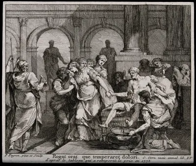Seneca preparing his own death: he begs his wife to temper her grief