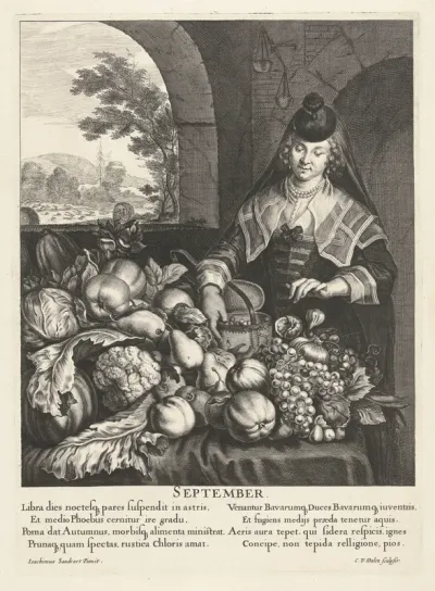September: Vrouw bij tafel overladen met groenten en fruit