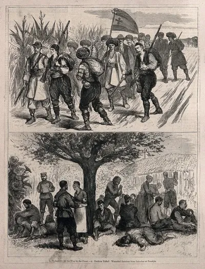 Serbo-Bulgarian War: two sketches showing volunteers on their way to the front and hospital camp